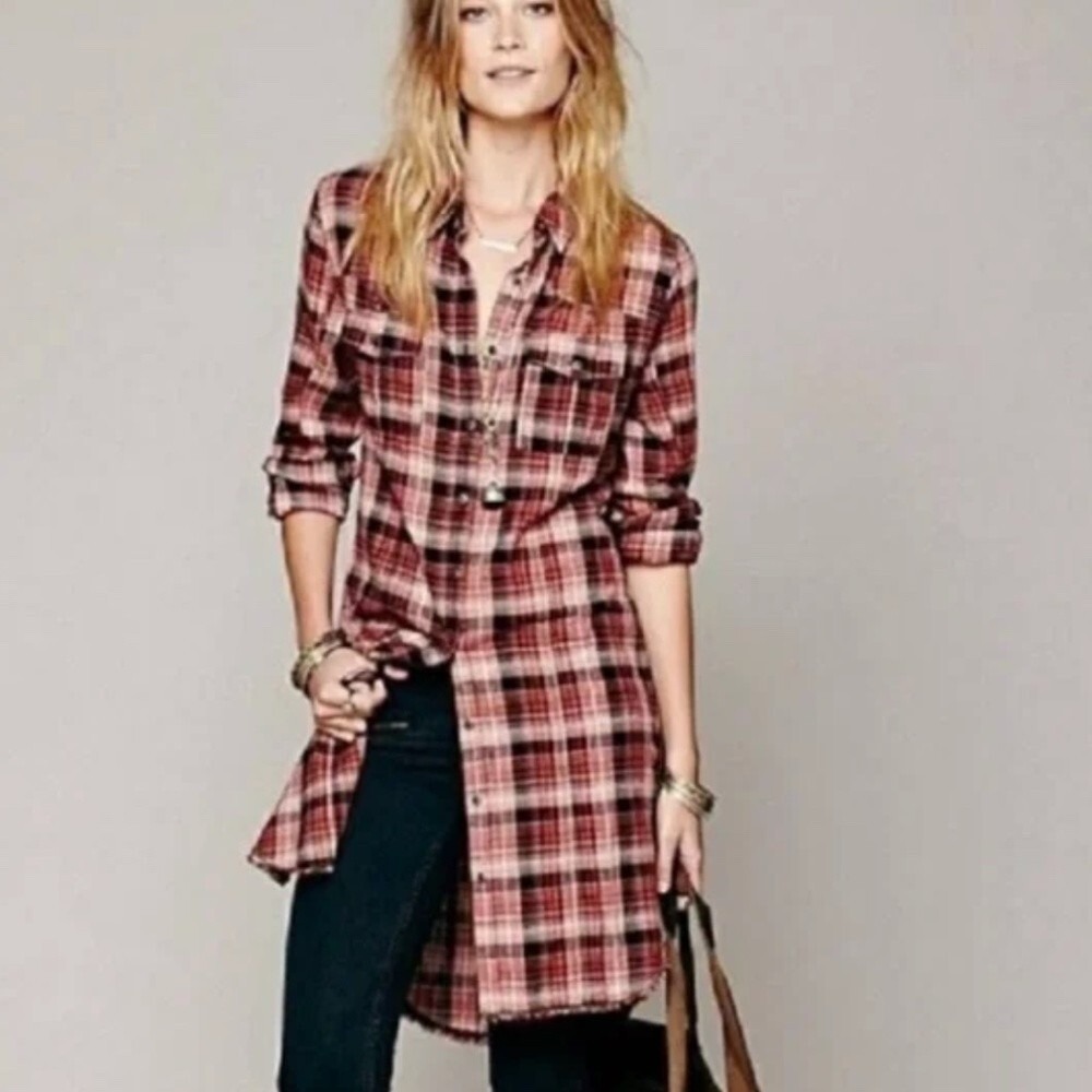 Free People Eight Days a Week Plaid Shirt Dress XSMALL Bohemian Casual Western